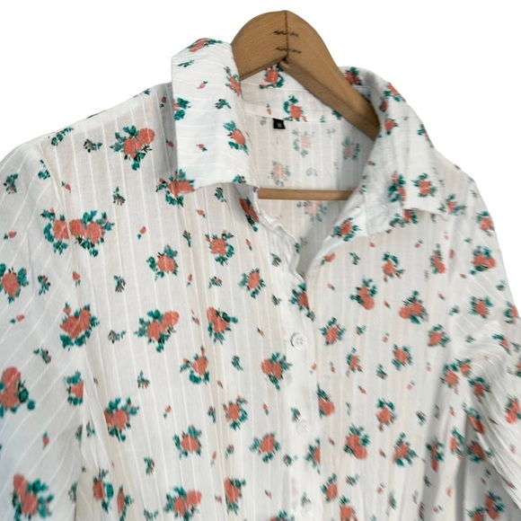 White Floral Button Down Belted Shirt Dress Size M - Picture 3 of 7